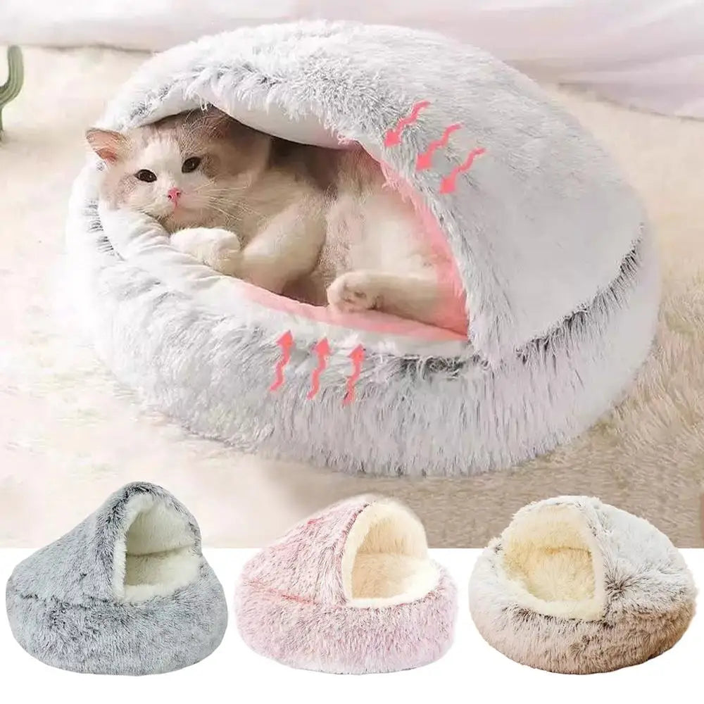 Plush Round Hooded Cat Bed