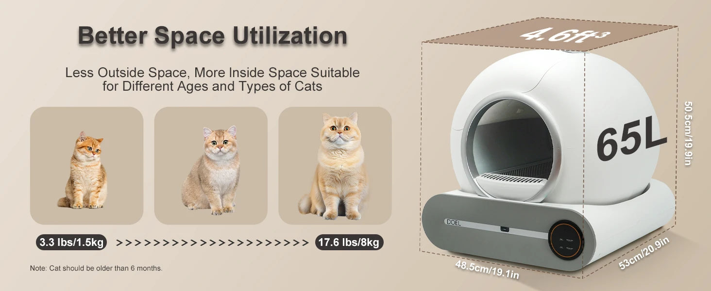 DOEL Self Cleaning Cat Litter Box 65L Automatic Cat Litter Box w/ Trash Bag & Litter Mat Smart Cat Toilet App Control 2.4G WiFi
