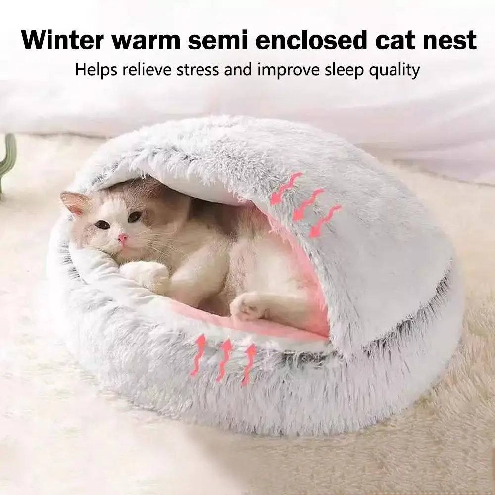 Plush Round Hooded Cat Bed