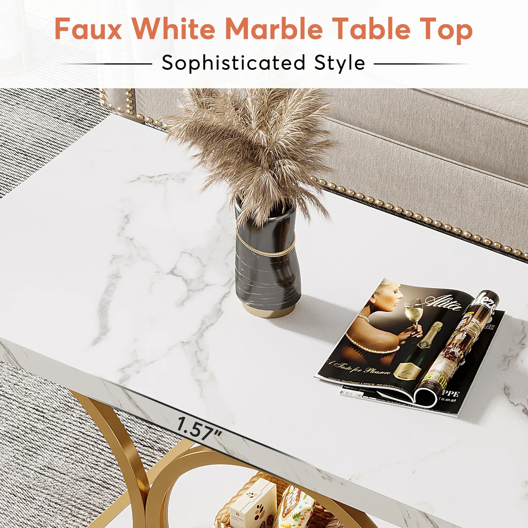 Tribesigns Rectangle Coffee Table 2-Tier Faux Marble Wood Coffee Table