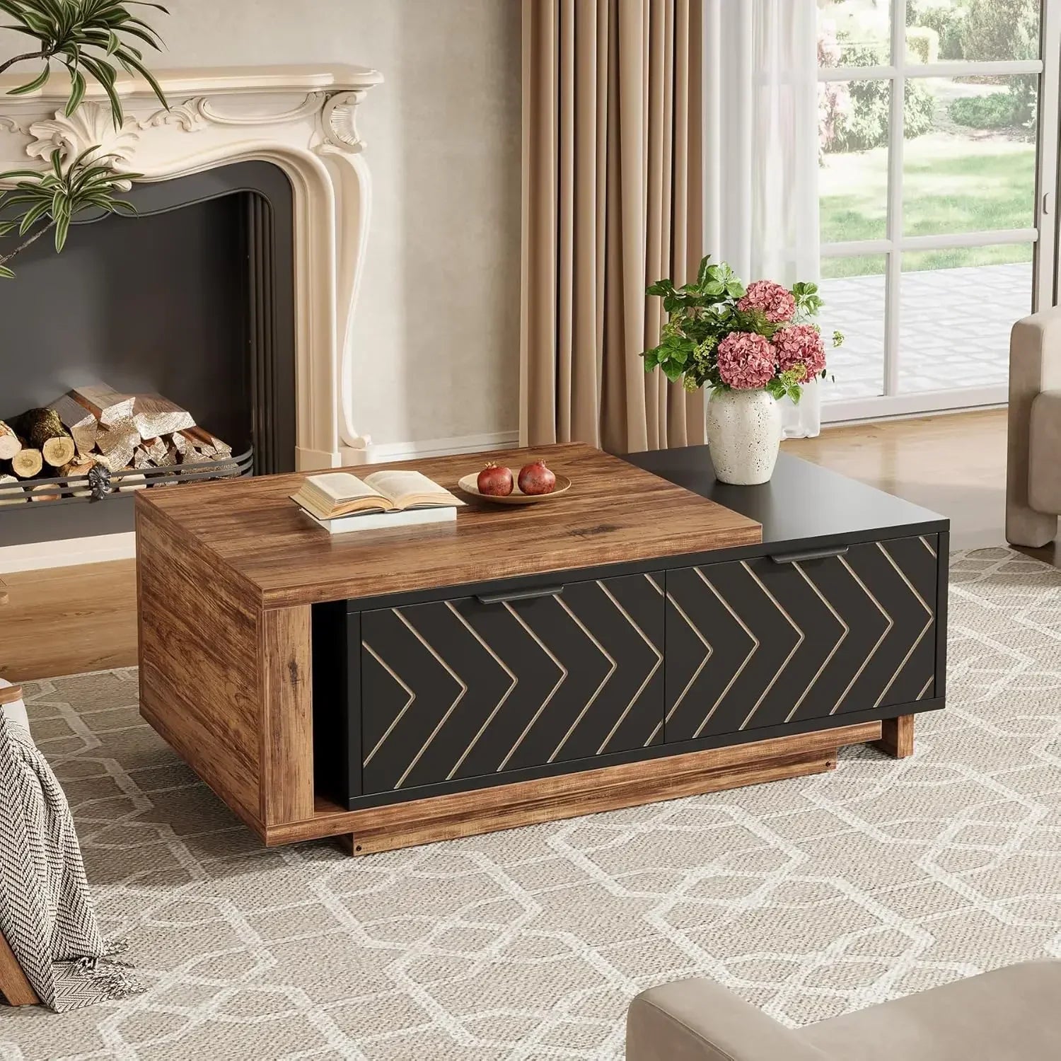Length Adjustable Reversible Wood Coffee Table with 2 Storage Drawers