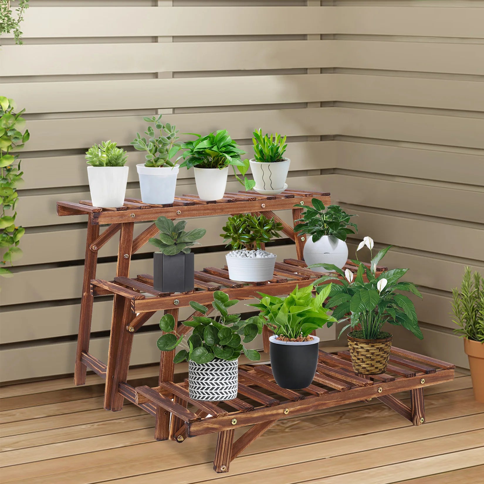 3 Tier Wood Ladder Shelf Corner Plant Stand