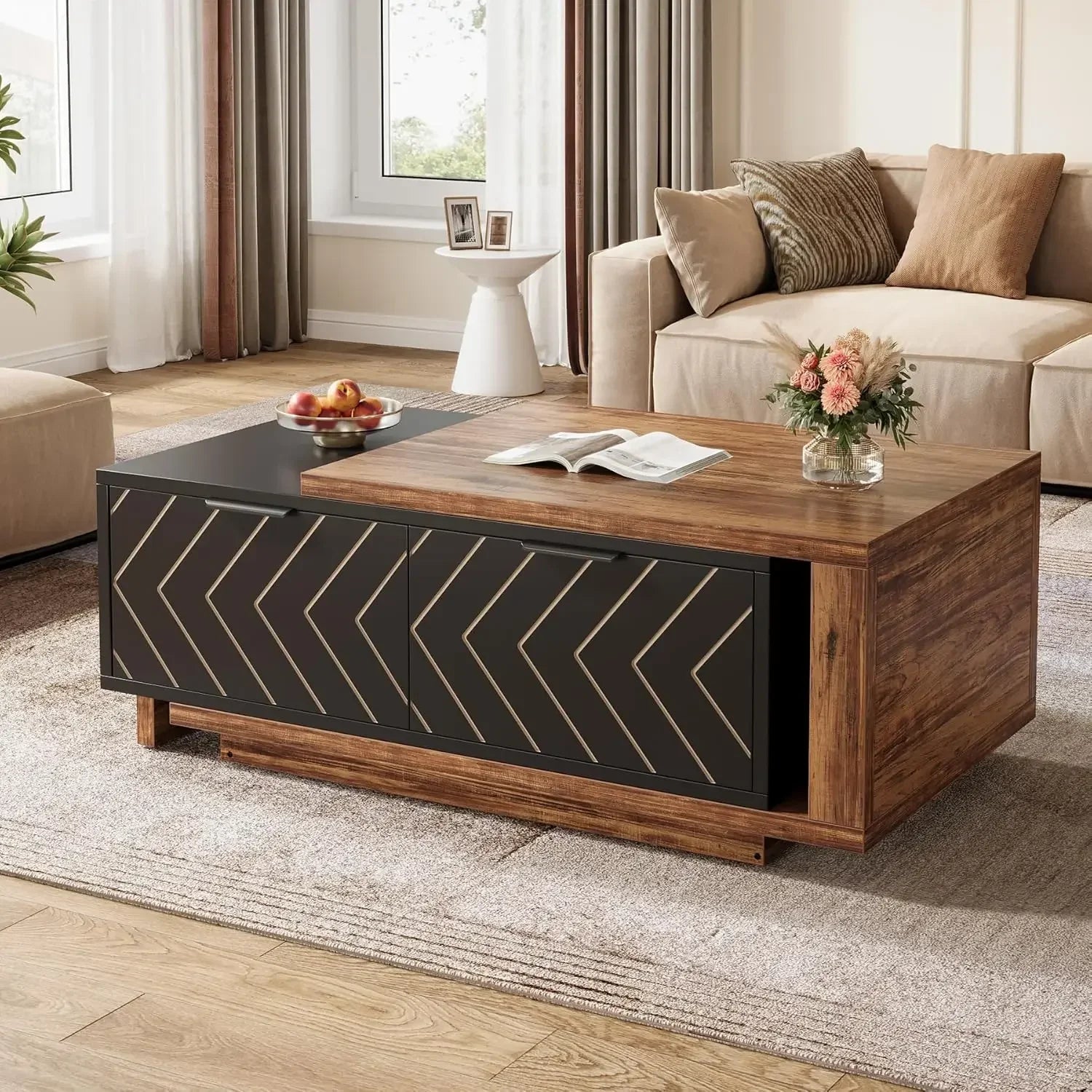 Length Adjustable Reversible Wood Coffee Table with 2 Storage Drawers
