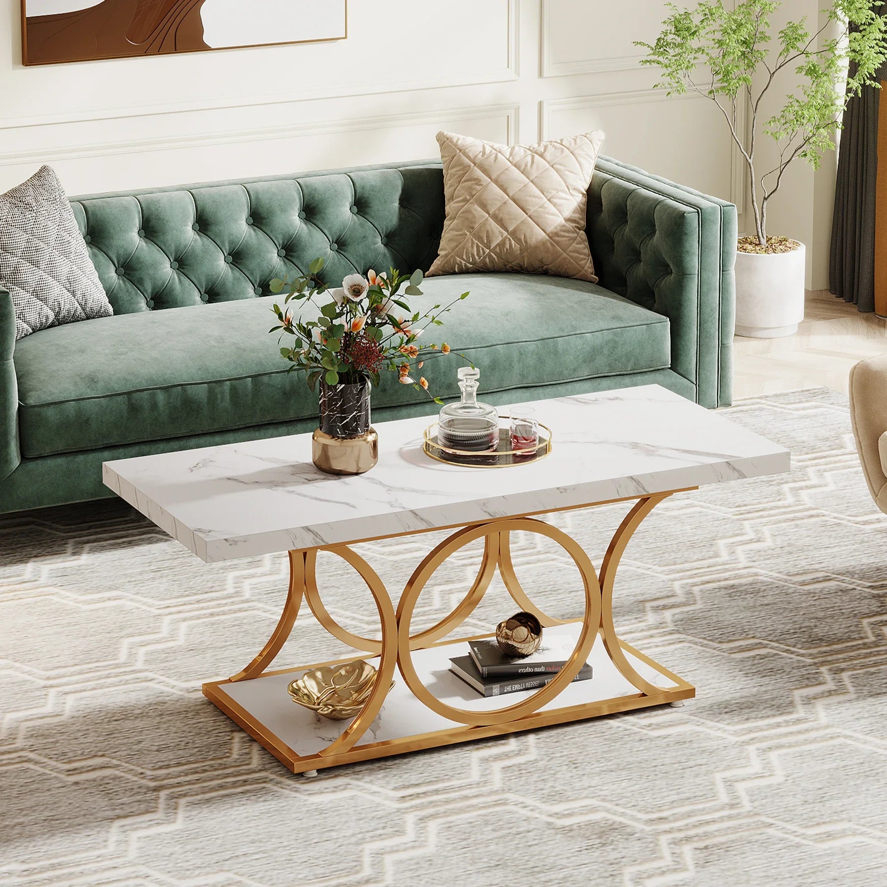 Tribesigns Rectangle Coffee Table 2-Tier Faux Marble Wood Coffee Table