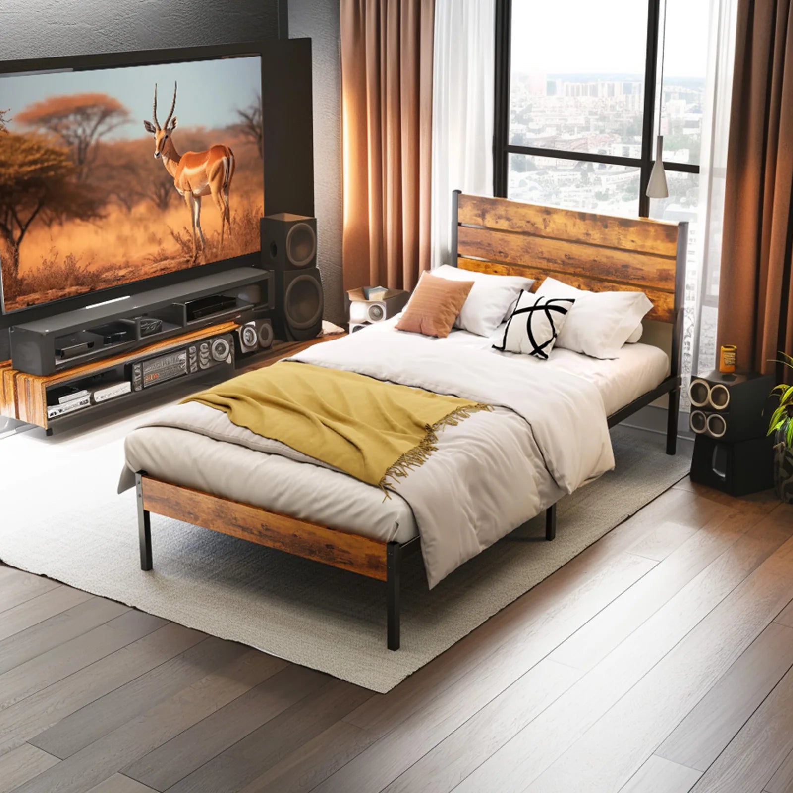 Queen Size Metal Platform Bed Frame with Headboard and Footboard