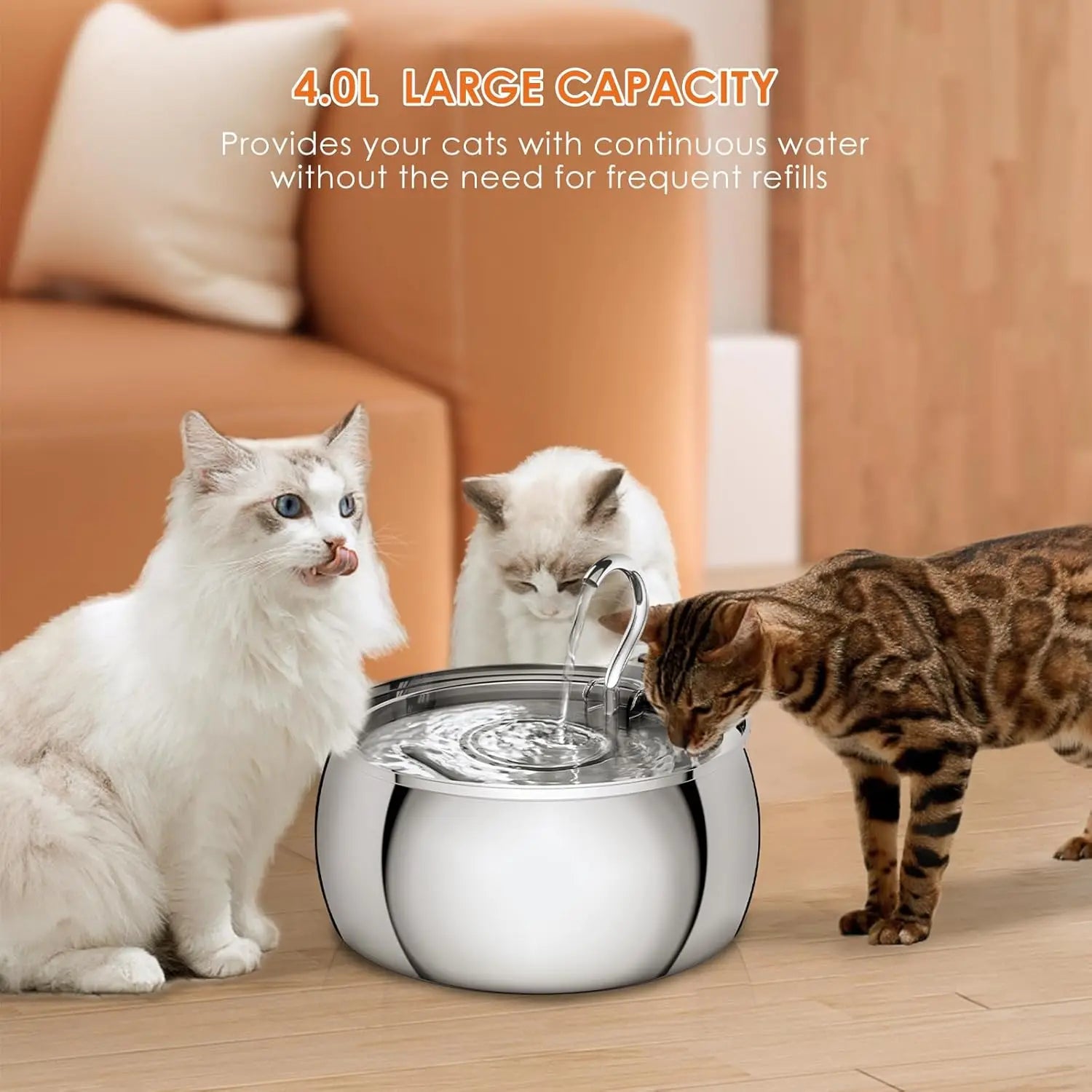Stainless Steel Cat Water Fountain 4.0L Ultra-Quiet Pump Multi-Filter Dishwasher Safe for Multiple Pets