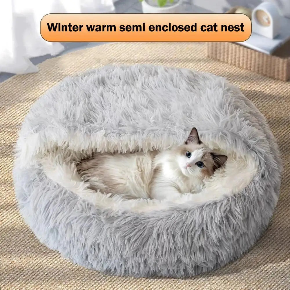 Plush Round Hooded Cat Bed