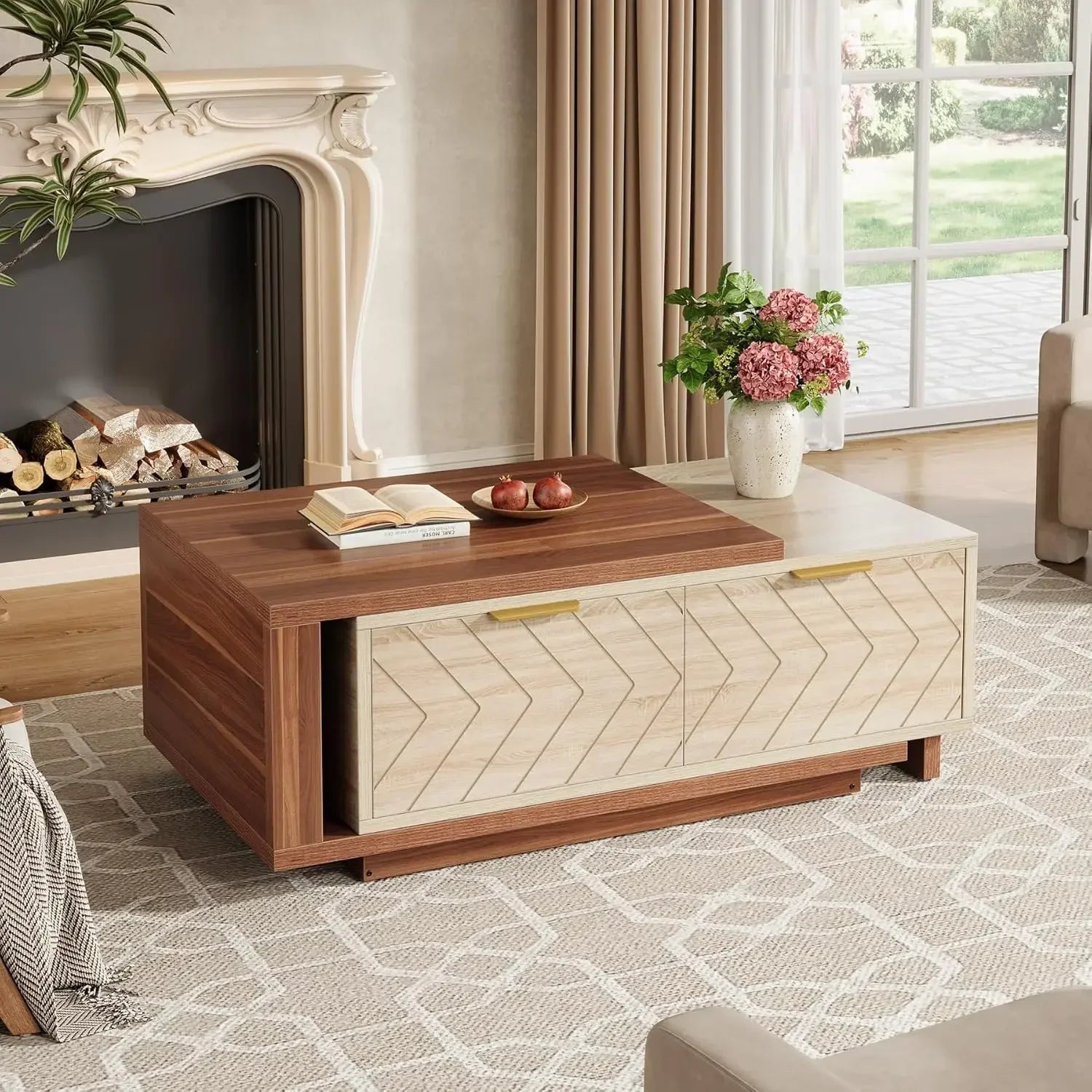 Length Adjustable Reversible Wood Coffee Table with 2 Storage Drawers