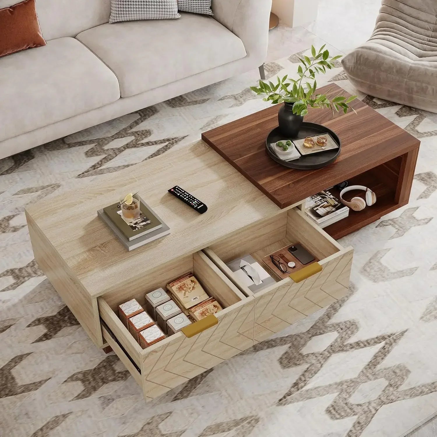 Length Adjustable Reversible Wood Coffee Table with 2 Storage Drawers