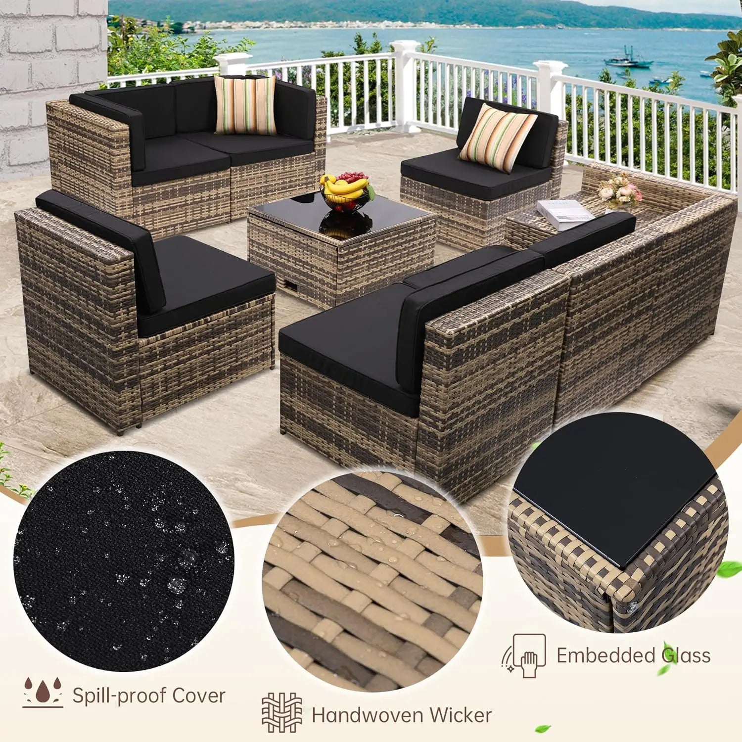 8 Pieces Outdoor Wicker Rattan Patio Furniture Sectional Set