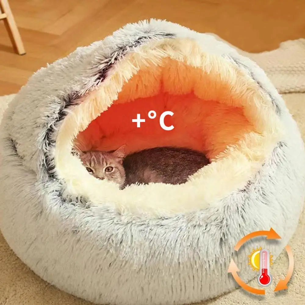 Plush Round Hooded Cat Bed