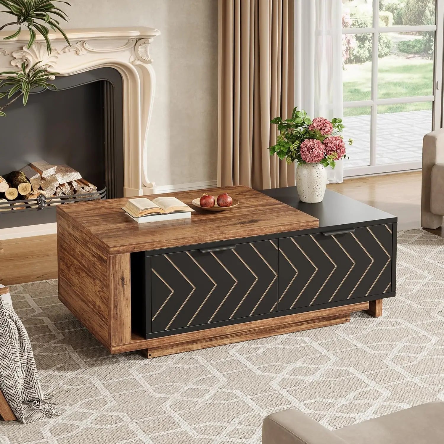 Length Adjustable Reversible Wood Coffee Table with 2 Storage Drawers
