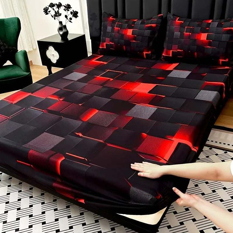 3pcs Cool Technology Digital Printing Material Plaid Fitted Sheet(1pc Bed Sheet+2pcs Pillowcase No Filling) Deep Pocket In 15 In