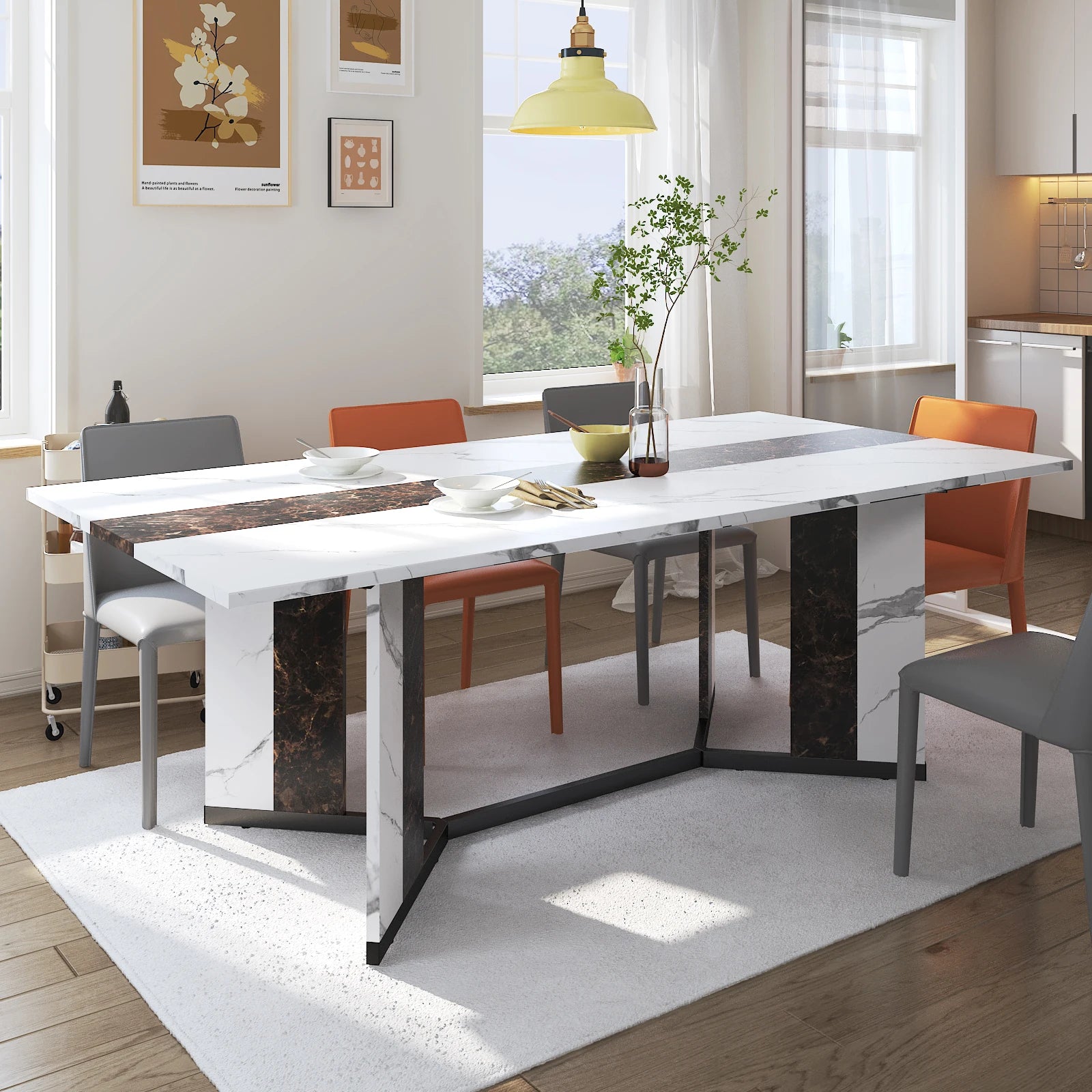 Large Rectangular White Dining Table w/ Marble Color
